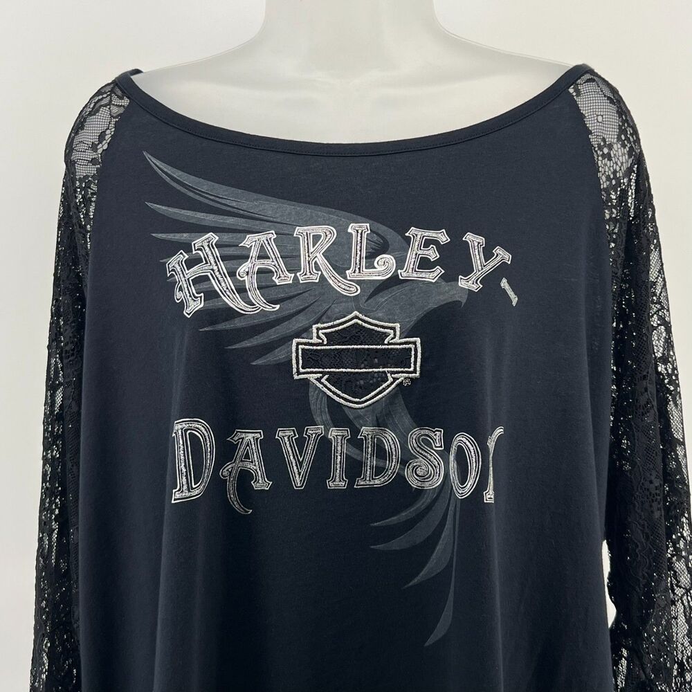Harley-Davidson Womens 3X Black Lace Sleeve Top Eagle Bar Shield Ocean County NJ